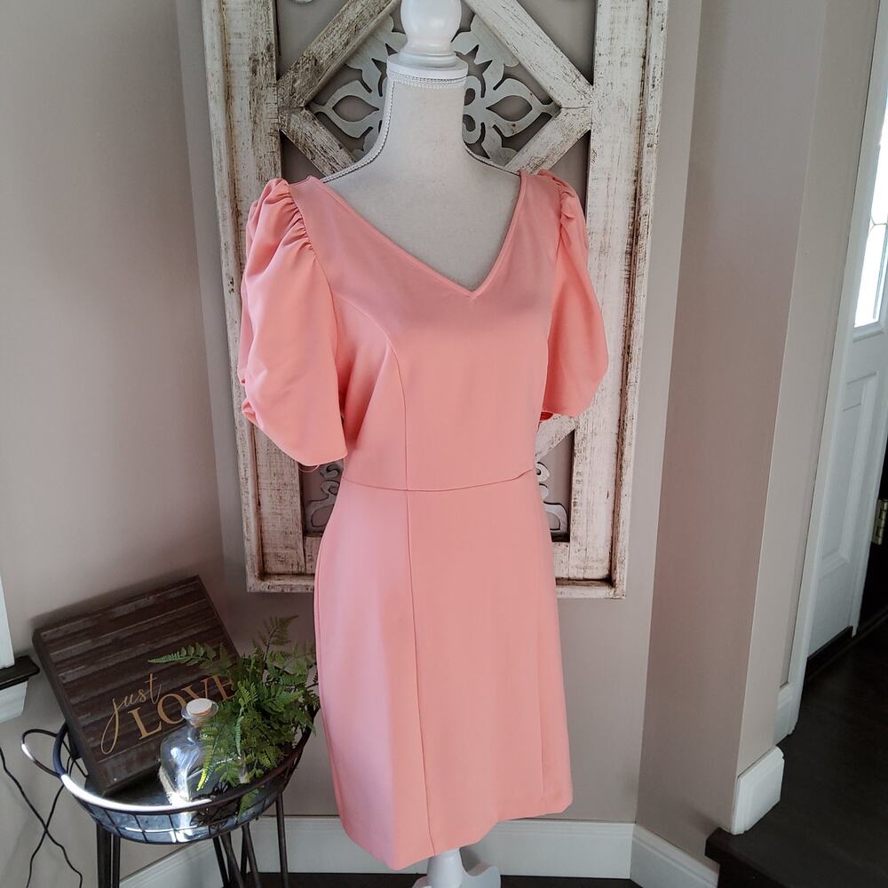 Chelsea28 Peach Puff Sleeve Sheath Midi Dress L Vneck Vback Summer Casual Preppy